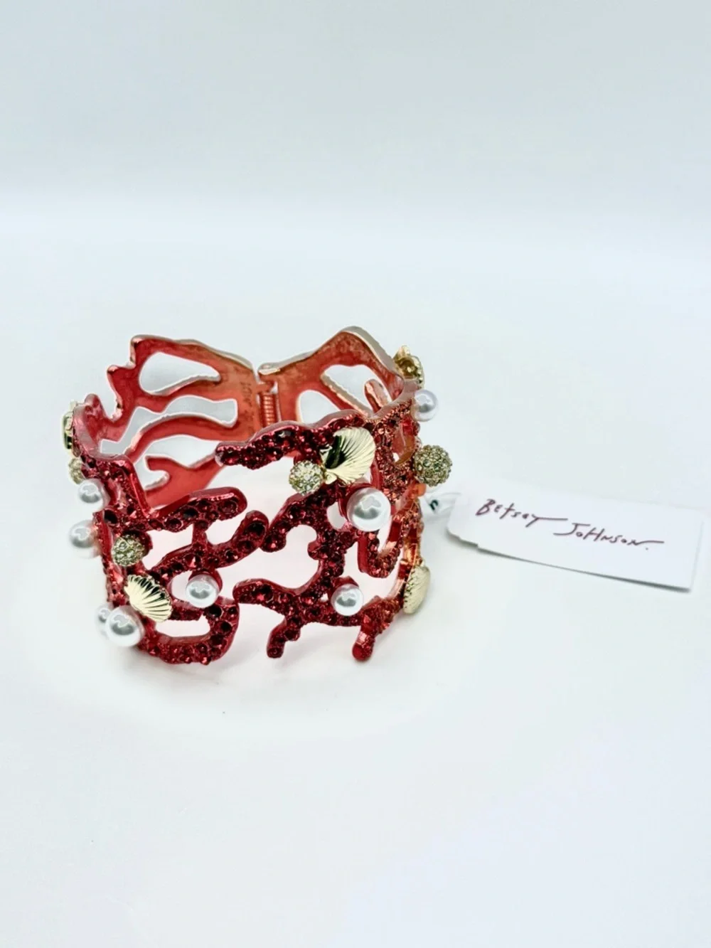 Betsey Johnson Red Orange Gold Coral Cuff hinged Bracelet with Pearls